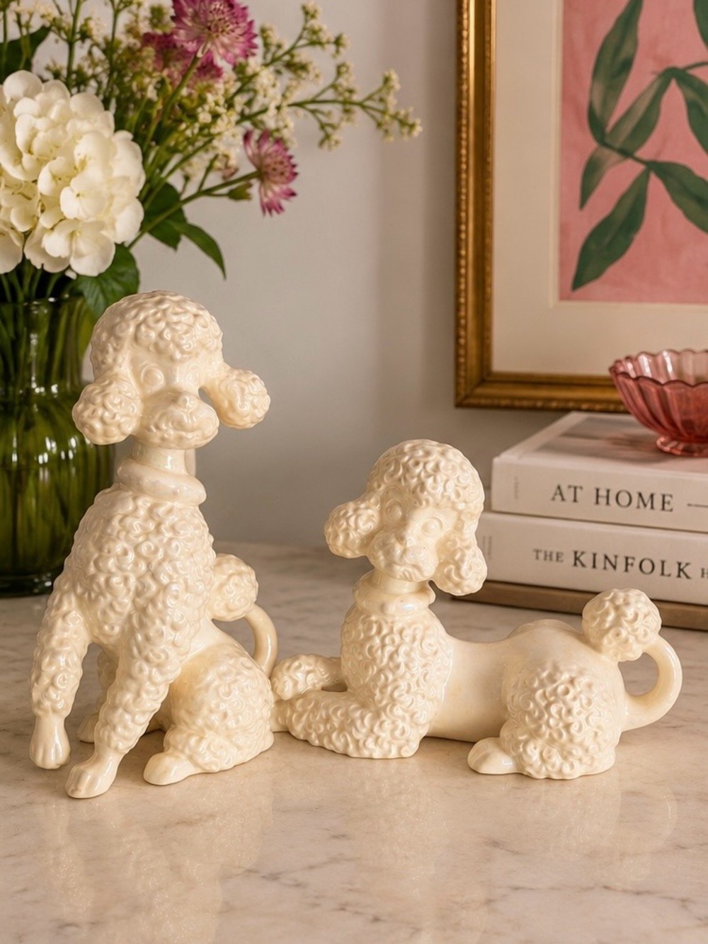 Vintage Ceramic Poodle Figurines Set of 2 Pearl Iridescent Ivory Atlantic mold